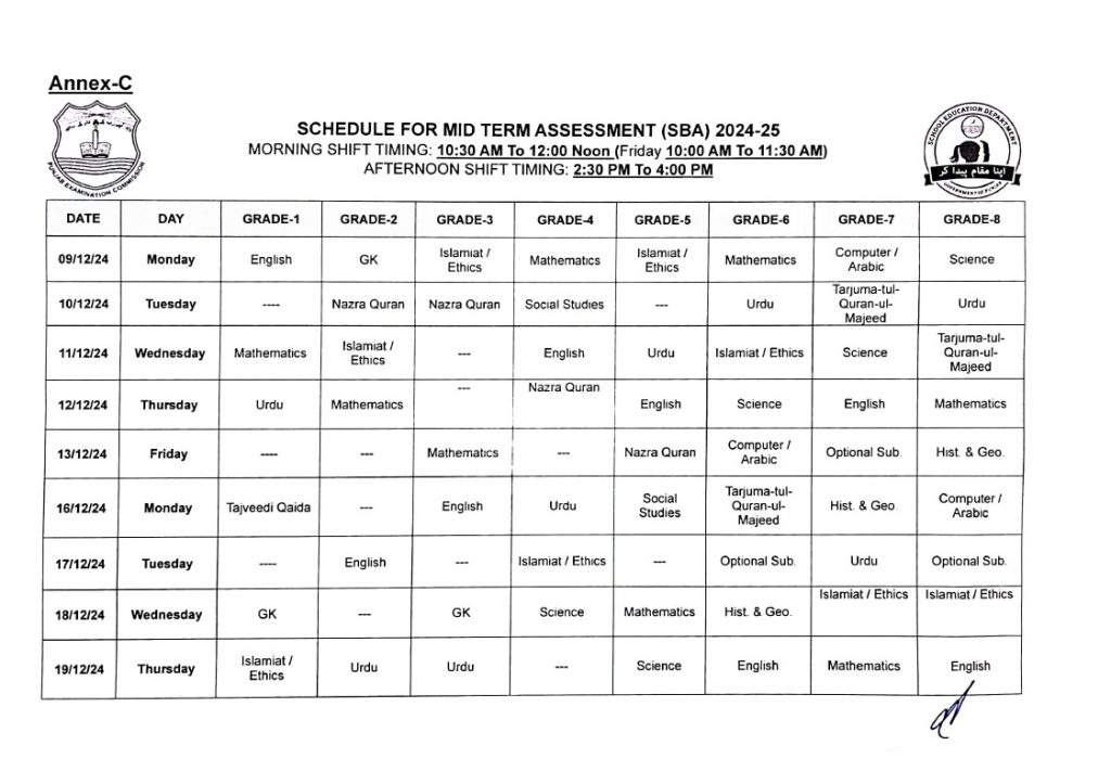 Mid-Term SBA Date Sheet 2024-24